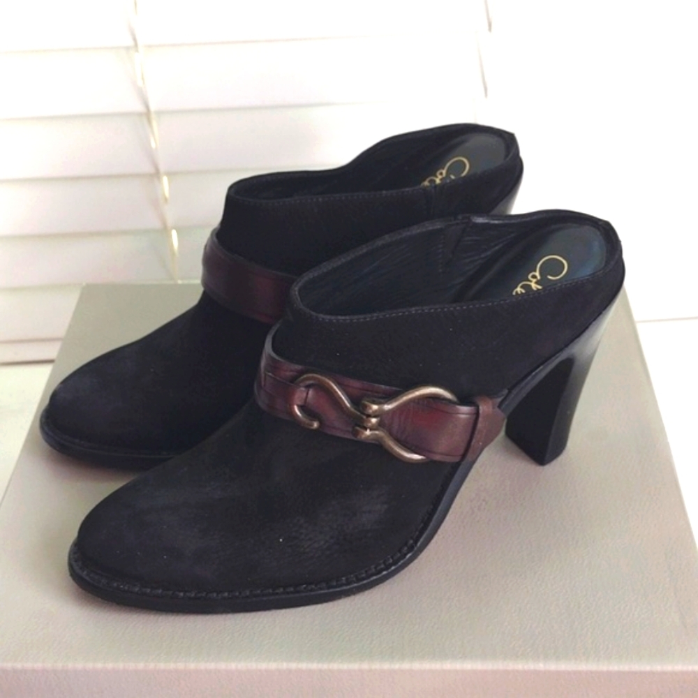 Cole Haan open back boots with a buckle